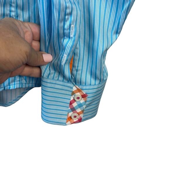 Robert Graham Mens Shirt XL Blue White Striped Flip Cuff Contrast Button Down - Picture 6 of 14